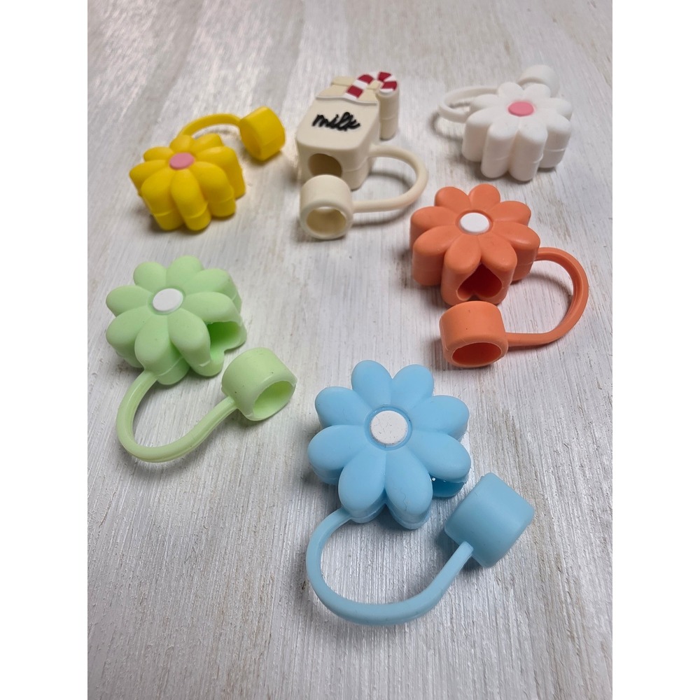 6pc Silicone Straw Topper Set Daisy Flower Milk Carton Dust Caps for 10mm Straws